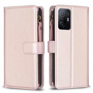 For Xiaomi Mi 11T / 11T Pro 9 Card Slots Zipper Wallet Leather Flip Phone Case(Rose Gold)