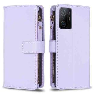 For Xiaomi Mi 11T / 11T Pro 9 Card Slots Zipper Wallet Leather Flip Phone Case(Light Purple)