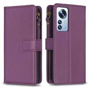 For Xiaomi 12 Pro 9 Card Slots Zipper Wallet Leather Flip Phone Case(Dark Purple)