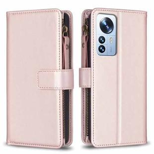For Xiaomi 12 Pro 9 Card Slots Zipper Wallet Leather Flip Phone Case(Rose Gold)