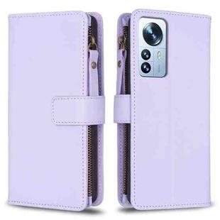 For Xiaomi 12 Pro 9 Card Slots Zipper Wallet Leather Flip Phone Case(Light Purple)