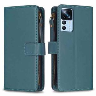 For Xiaomi 12T / 12T Pro 9 Card Slots Zipper Wallet Leather Flip Phone Case(Green)