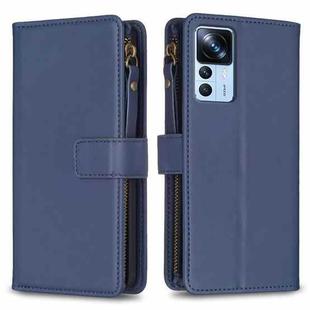 For Xiaomi 12T / 12T Pro 9 Card Slots Zipper Wallet Leather Flip Phone Case(Blue)