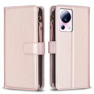 For Xiaomi 13 Lite 9 Card Slots Zipper Wallet Leather Flip Phone Case(Rose Gold)