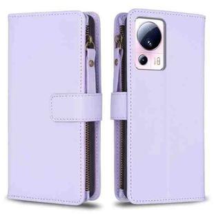 For Xiaomi 13 Lite 9 Card Slots Zipper Wallet Leather Flip Phone Case(Light Purple)