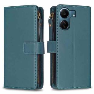 For Xiaomi Redmi 13C 9 Card Slots Zipper Wallet Leather Flip Phone Case(Green)