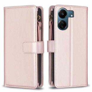 For Xiaomi Redmi 13C 9 Card Slots Zipper Wallet Leather Flip Phone Case(Rose Gold)