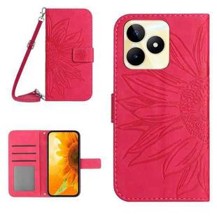 For Realme C53 Skin Feel Sun Flower Embossed Flip Leather Phone Case with Lanyard(Rose Red)