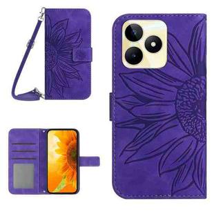 For Realme C53 Skin Feel Sun Flower Embossed Flip Leather Phone Case with Lanyard(Dark Purple)