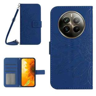 For Realme 12+ Global Skin Feel Sun Flower Embossed Flip Leather Phone Case with Lanyard(Dark Blue)