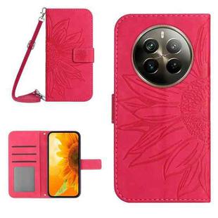 For Realme 12+ Global Skin Feel Sun Flower Embossed Flip Leather Phone Case with Lanyard(Rose Red)