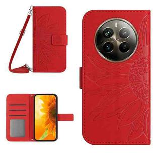 For Realme 12 Pro/12 Pro+ Global Skin Feel Sun Flower Embossed Flip Leather Phone Case with Lanyard(Red)