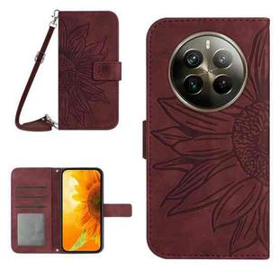 For Realme 12 Pro/12 Pro+ Global Skin Feel Sun Flower Embossed Flip Leather Phone Case with Lanyard(Wine Red)