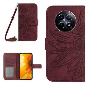 For Realme 12 5G Global Skin Feel Sun Flower Embossed Flip Leather Phone Case with Lanyard(Wine Red)