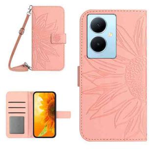 For vivo Y78+ Skin Feel Sun Flower Embossed Flip Leather Phone Case with Lanyard(Pink)