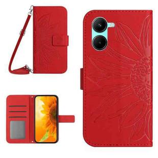 For vivo Y03 4G Skin Feel Sun Flower Embossed Flip Leather Phone Case with Lanyard(Red)