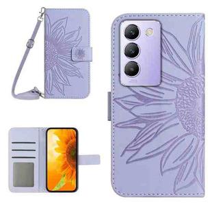 For vivo Y200e 5G/Y100 5G IDN/V30 Lite 5G India Skin Feel Sun Flower Embossed Flip Leather Phone Case with Lanyard(Purple)