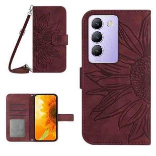 For vivo Y200e 5G/Y100 5G IDN/V30 Lite 5G India Skin Feel Sun Flower Embossed Flip Leather Phone Case with Lanyard(Wine Red)