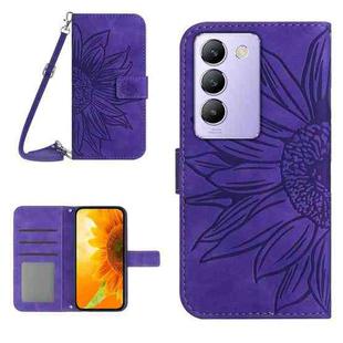 For vivo Y200e 5G/Y100 5G IDN/V30 Lite 5G India Skin Feel Sun Flower Embossed Flip Leather Phone Case with Lanyard(Dark Purple)