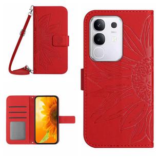 For vivo Y29 4G Global Skin Feel Sun Flower Embossed Flip Leather Phone Case with Lanyard(Red)