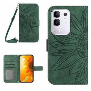 For vivo Y29 4G Global Skin Feel Sun Flower Embossed Flip Leather Phone Case with Lanyard(Green)
