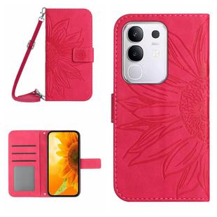 For vivo Y29 4G Global Skin Feel Sun Flower Embossed Flip Leather Phone Case with Lanyard(Rose Red)