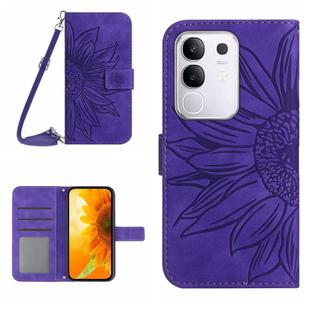 For vivo Y29 4G Global Skin Feel Sun Flower Embossed Flip Leather Phone Case with Lanyard(Dark Purple)