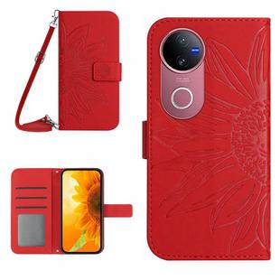For vivo V50 5G Global Skin Feel Sun Flower Embossed Flip Leather Phone Case with Lanyard(Red)