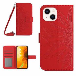 For iPhone 15 Skin Feel Sun Flower Embossed Flip Leather Phone Case with Lanyard(Red)