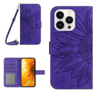 For iPhone 15 Pro Max Skin Feel Sun Flower Embossed Flip Leather Phone Case with Lanyard(Dark Purple)