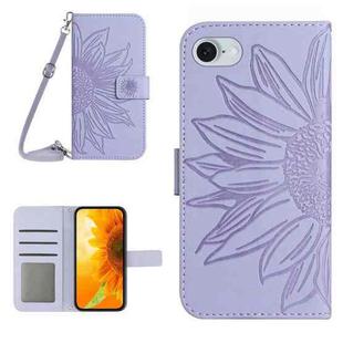 For iPhone SE 2024 Skin Feel Sun Flower Embossed Flip Leather Phone Case with Lanyard(Purple)