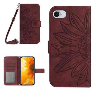 For iPhone SE 2024 Skin Feel Sun Flower Embossed Flip Leather Phone Case with Lanyard(Wine Red)