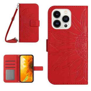 For iPhone 16 Pro Max Skin Feel Sun Flower Embossed Flip Leather Phone Case with Lanyard(Red)