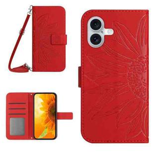 For iPhone 16 Plus Skin Feel Sun Flower Embossed Flip Leather Phone Case with Lanyard(Red)