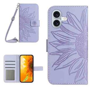 For iPhone 16 Plus Skin Feel Sun Flower Embossed Flip Leather Phone Case with Lanyard(Purple)