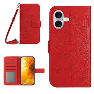 For iPhone 16 Skin Feel Sun Flower Embossed Flip Leather Phone Case with Lanyard(Red)