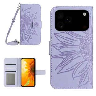 For iPhone 17 Pro Max Skin Feel Sun Flower Embossed Flip Leather Phone Case with Lanyard(Purple)