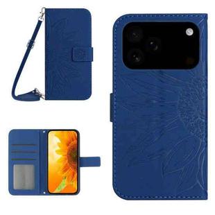 For iPhone 17 Pro Max Skin Feel Sun Flower Embossed Flip Leather Phone Case with Lanyard(Dark Blue)