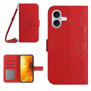For iPhone 17 Skin Feel Sun Flower Embossed Flip Leather Phone Case with Lanyard(Red)