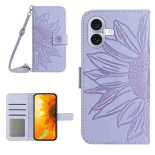 For iPhone 17 Skin Feel Sun Flower Embossed Flip Leather Phone Case with Lanyard(Purple)