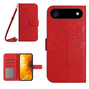 For iPhone 17 Air Skin Feel Sun Flower Embossed Flip Leather Phone Case with Lanyard(Red)