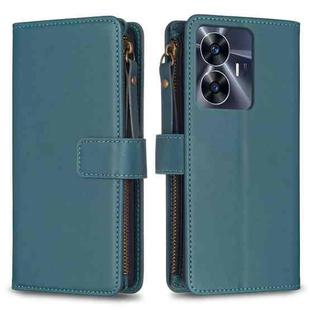 For Realme C55 9 Card Slots Zipper Wallet Leather Flip Phone Case(Green)