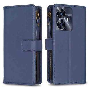 For Realme C55 9 Card Slots Zipper Wallet Leather Flip Phone Case(Blue)