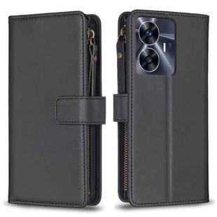 For Realme C55 9 Card Slots Zipper Wallet Leather Flip Phone Case(Black)