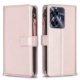 For Realme C55 9 Card Slots Zipper Wallet Leather Flip Phone Case(Rose Gold)