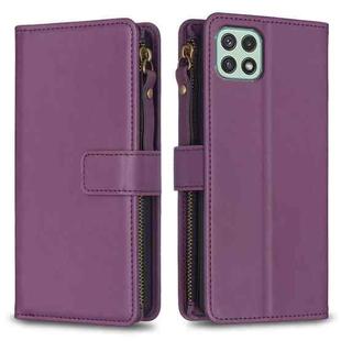For Samsung Galaxy A22 5G 9 Card Slots Zipper Wallet Leather Flip Phone Case(Dark Purple)