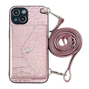For iPhone 13 Crocodile Texture Lanyard Card Slot Phone Case(Rose Gold)