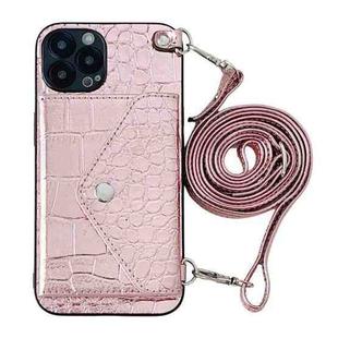 For iPhone 12 Pro Max Crocodile Texture Lanyard Card Slot Phone Case(Rose Gold)