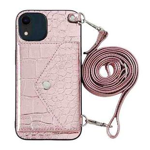 For iPhone XR Crocodile Texture Lanyard Card Slot Phone Case(Rose Gold)