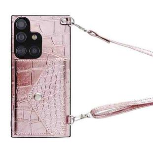 For Samsung Galaxy A51 Crocodile Texture Lanyard Card Slot Phone Case(Rose Gold)